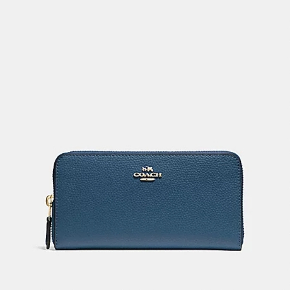 COACH NWT Pebble Leather Zip Acordian Continental Wallet Denim Blue